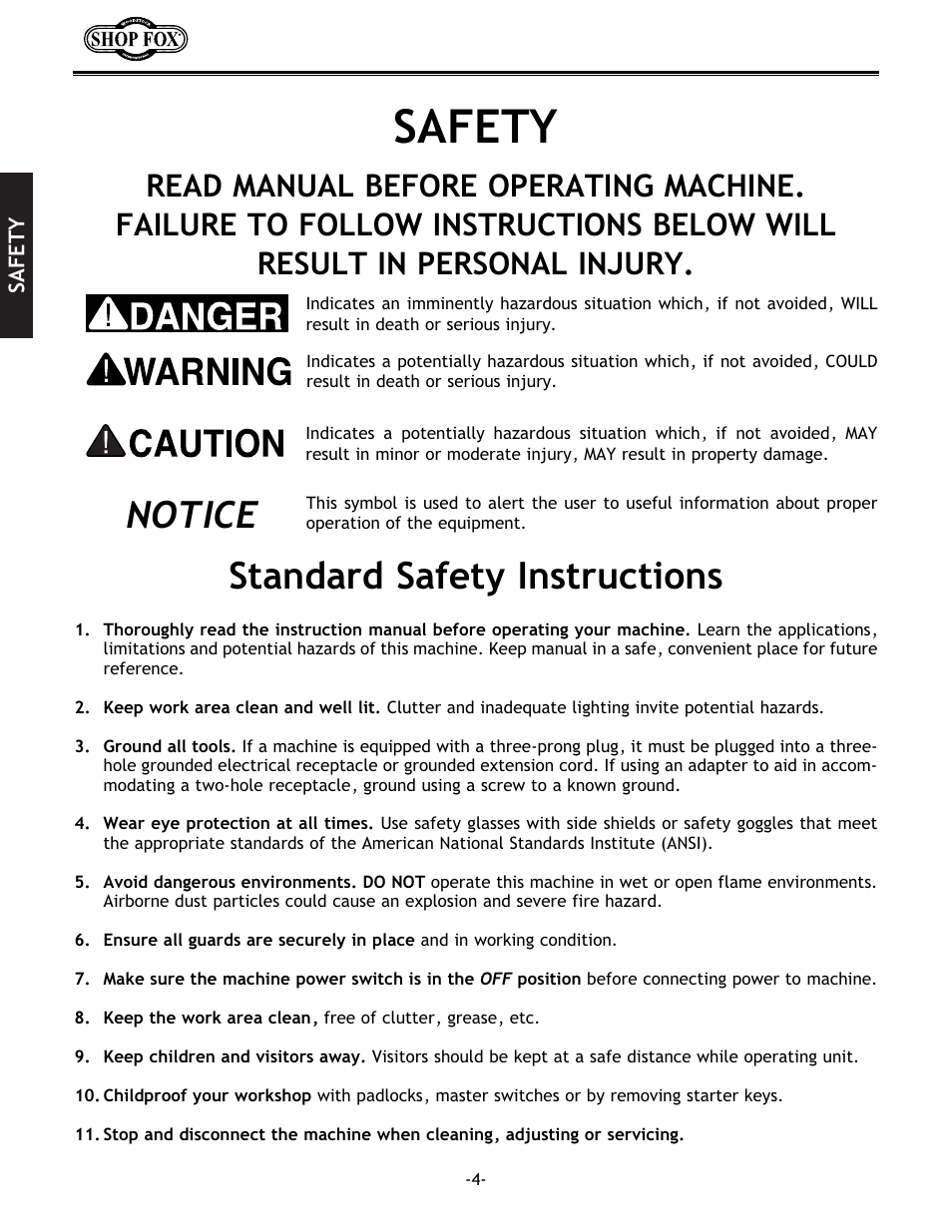 Safety, Notice standard safety instructions | Grizzly Model H5698 User Manual | Page 6 / 28