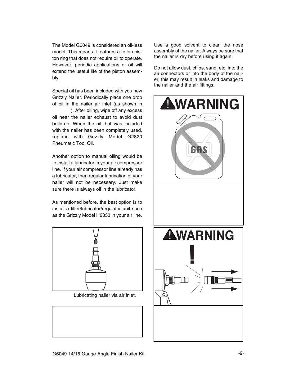 Notice, Cleaning nailer, Oiling nailer | Grizzly G6049 User Manual | Page 10 / 17