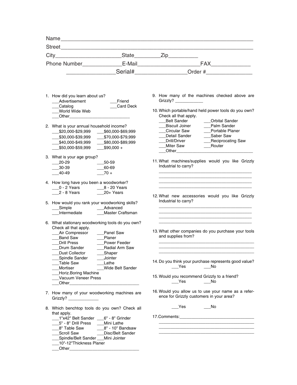 Warranty card, Serial | Grizzly G6049 User Manual | Page 16 / 17