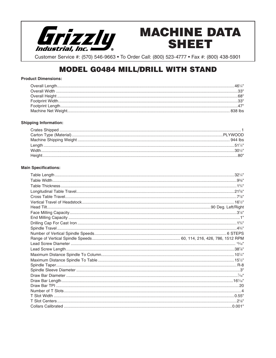 Grizzly G0484 User Manual | 2 pages