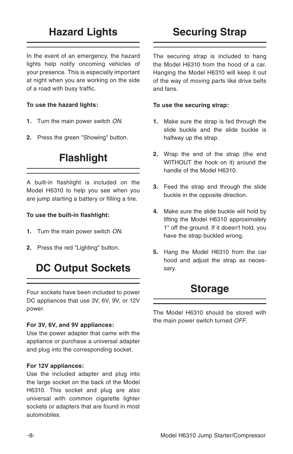 Hazard lights, Flashlight, Dc output sockets | Securing strap, Storage | Grizzly H6310 User Manual | Page 10 / 16