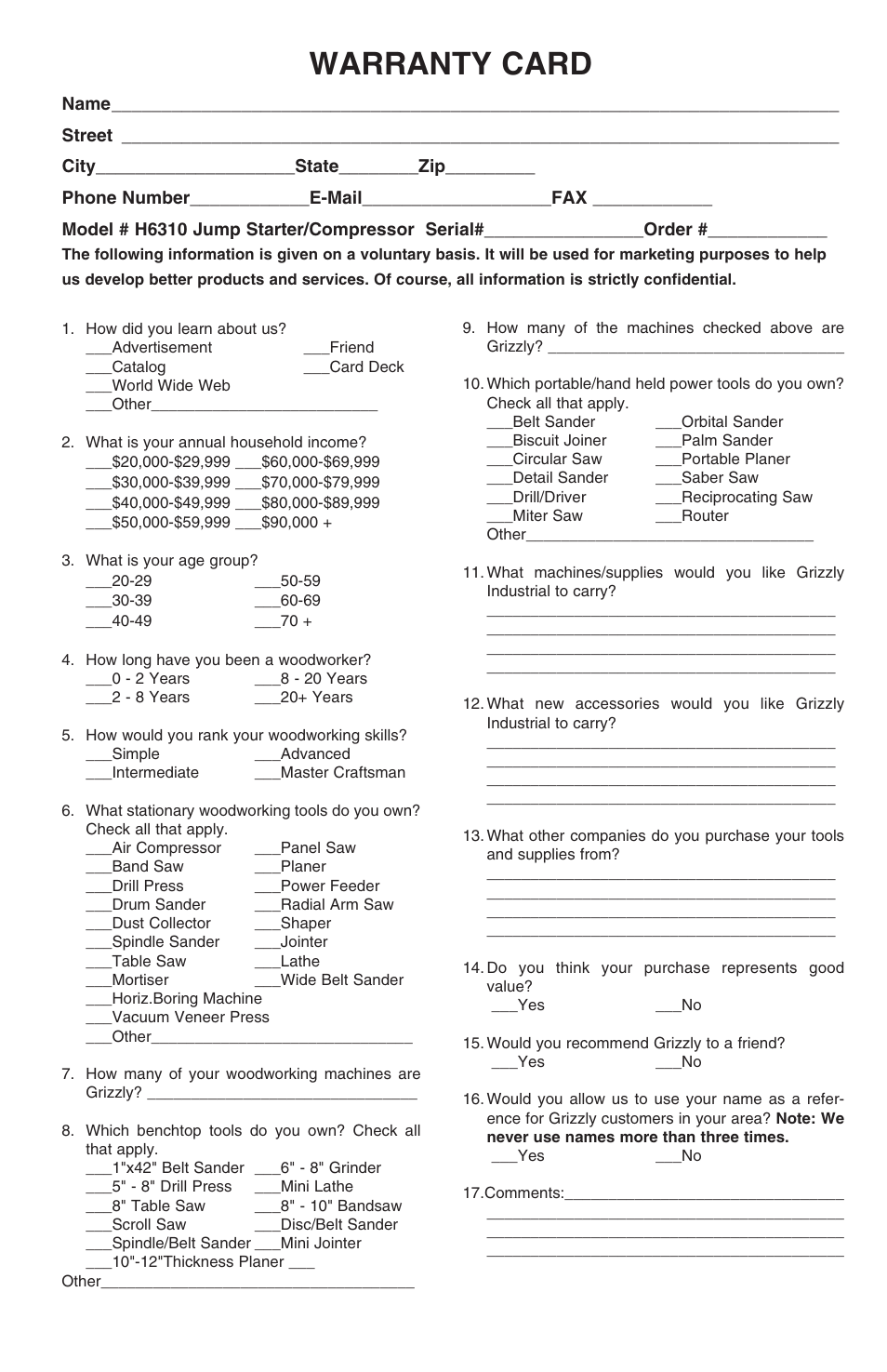 Warranty card | Grizzly H6310 User Manual | Page 15 / 16