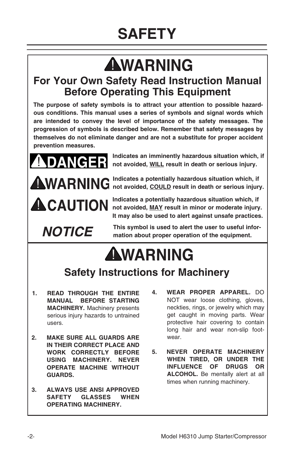 Safety, Notice, Safety instructions for machinery | Grizzly H6310 User Manual | Page 4 / 16