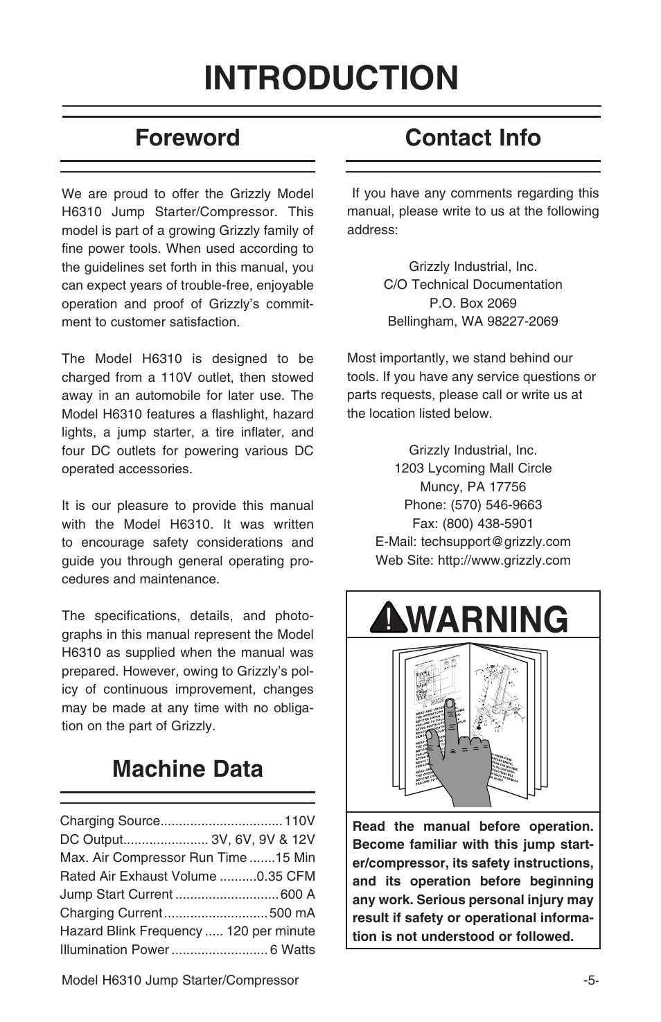 Introduction, Foreword contact info machine data | Grizzly H6310 User Manual | Page 7 / 16