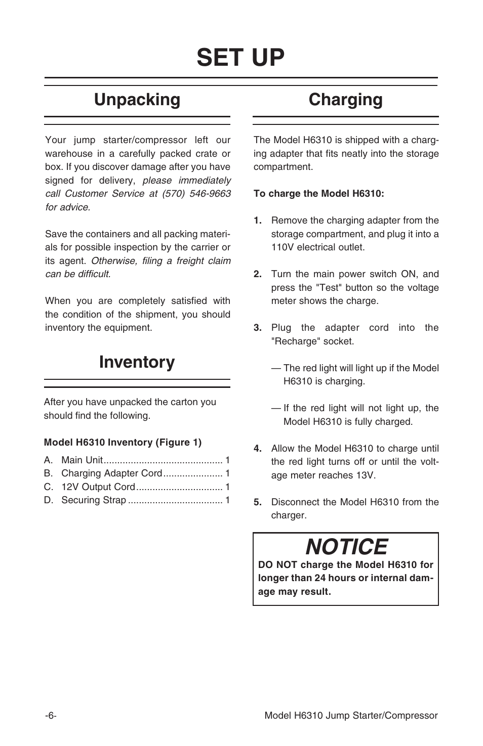 Set up, Notice, Unpacking | Inventory, Charging | Grizzly H6310 User Manual | Page 8 / 16