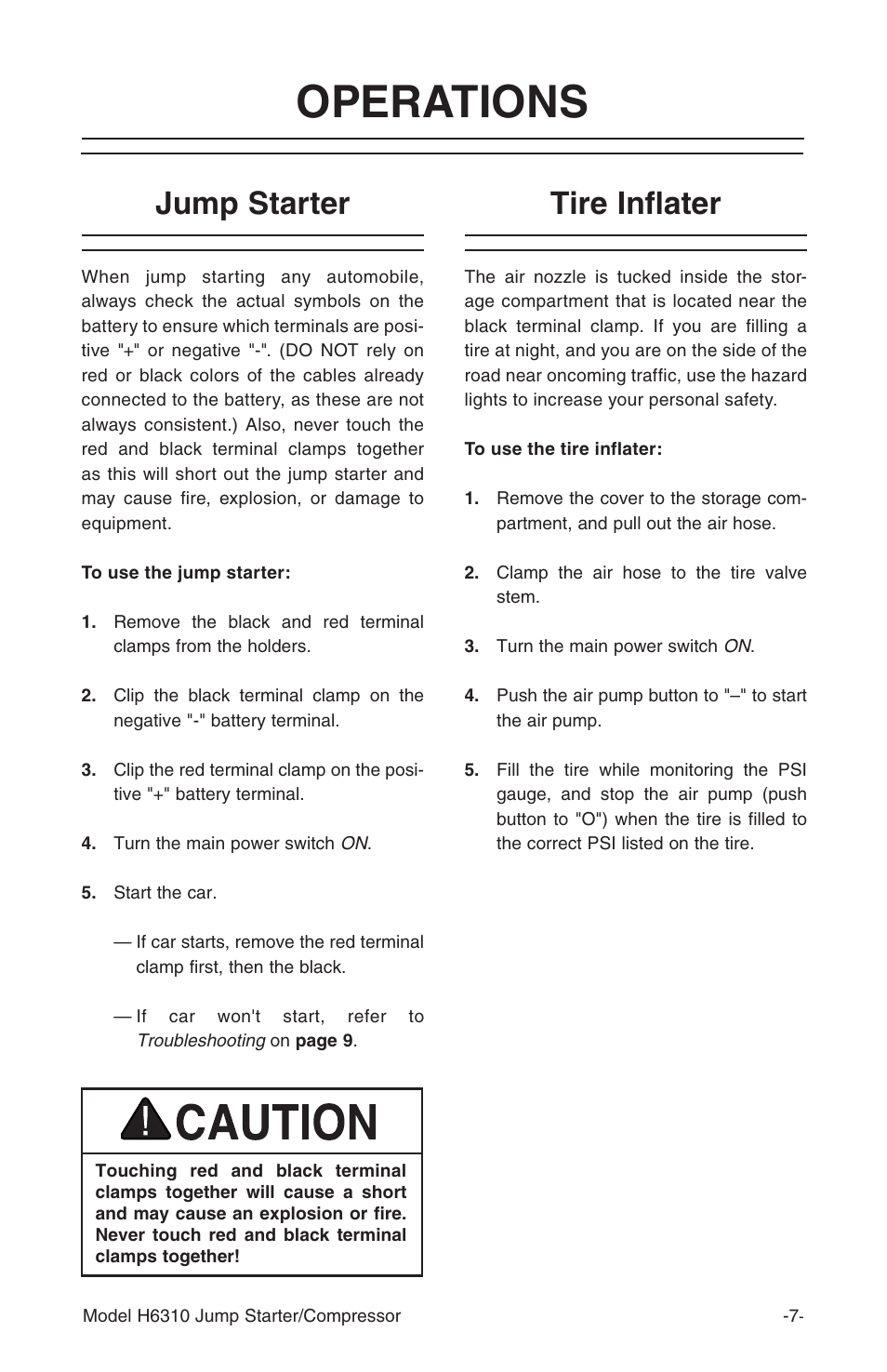 Operations, Jump starter, Tire inflater | Grizzly H6310 User Manual | Page 9 / 16