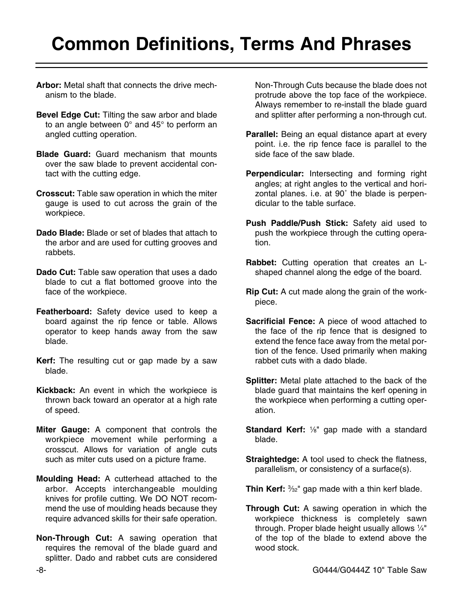 Common definitions, terms and phrases | Grizzly G0444 User Manual | Page 10 / 64