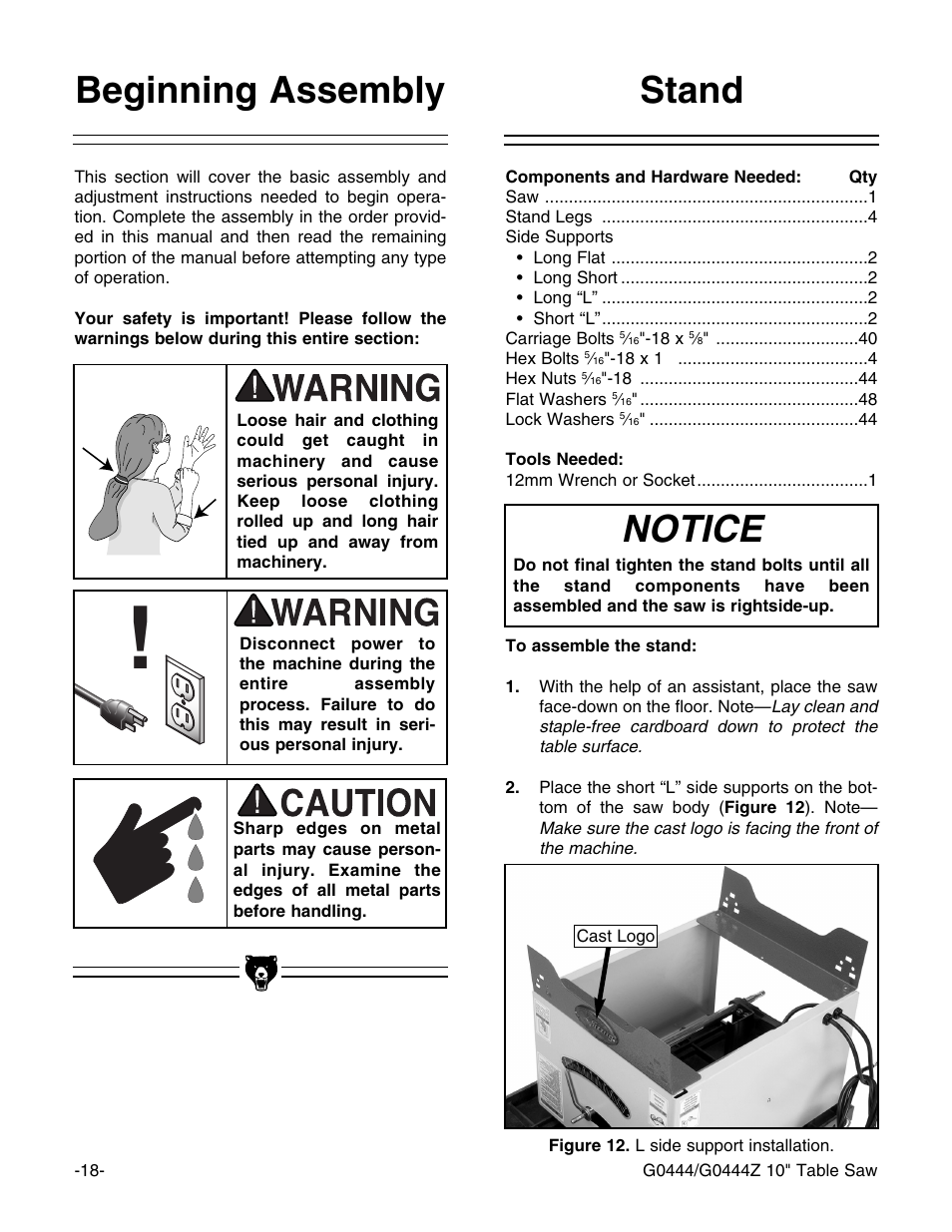 Notice, Stand beginning assembly | Grizzly G0444 User Manual | Page 20 / 64