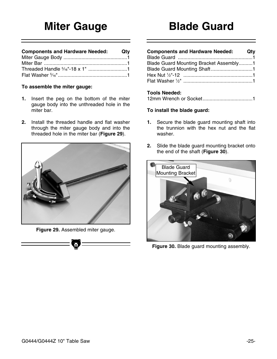 Blade guard miter gauge | Grizzly G0444 User Manual | Page 27 / 64