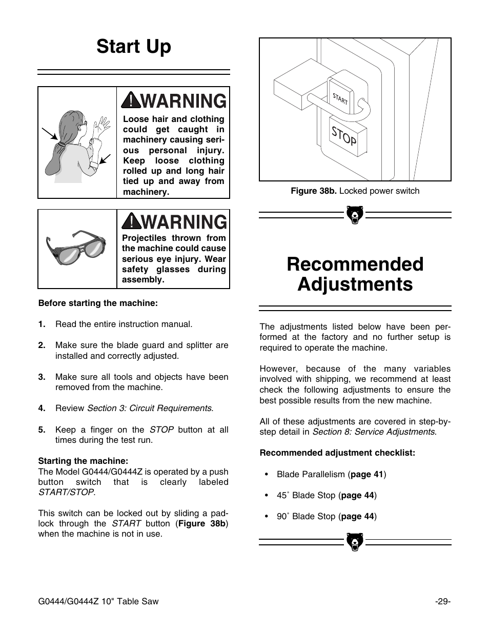 Recommended adjustments start up | Grizzly G0444 User Manual | Page 31 / 64