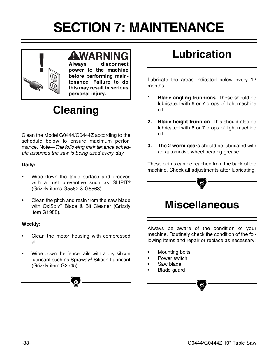 Miscellaneous lubrication cleaning | Grizzly G0444 User Manual | Page 40 / 64