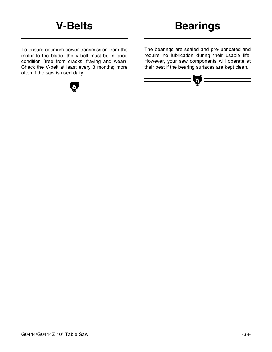 Bearings v-belts | Grizzly G0444 User Manual | Page 41 / 64