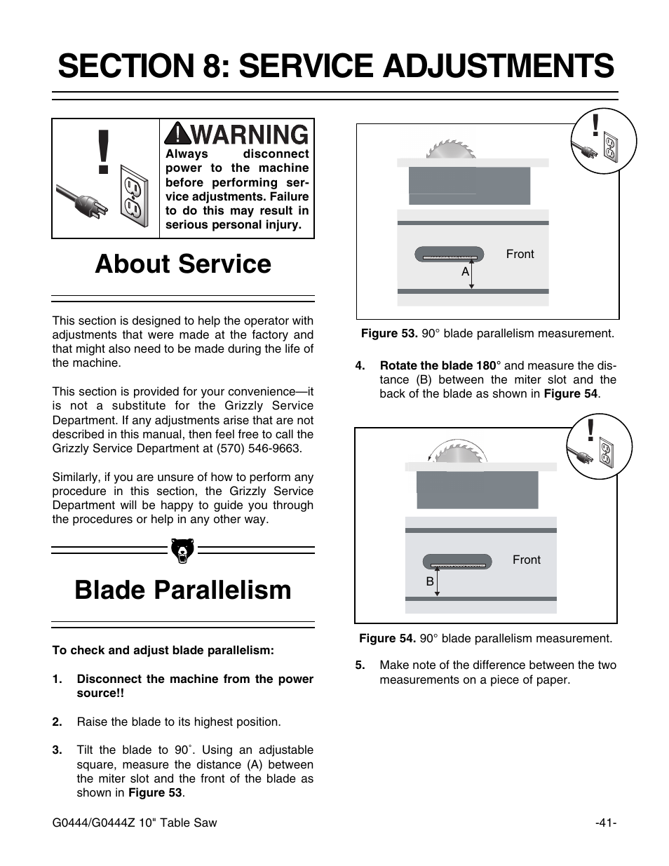 Blade parallelism about service | Grizzly G0444 User Manual | Page 43 / 64