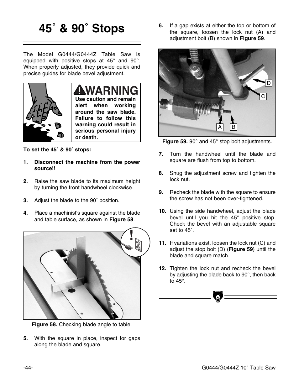 45˚ & 90˚ stops | Grizzly G0444 User Manual | Page 46 / 64