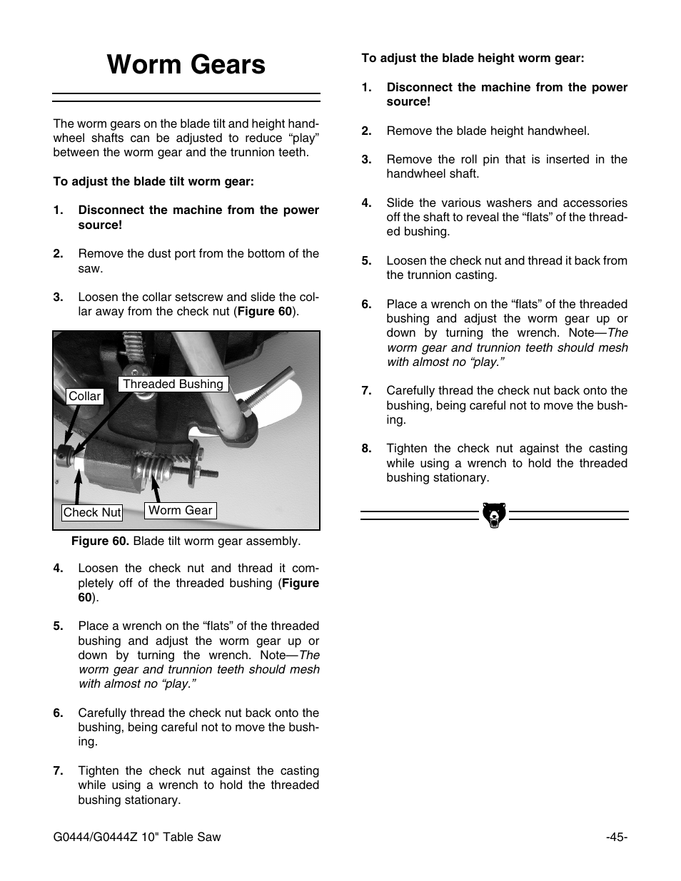 Worm gears | Grizzly G0444 User Manual | Page 47 / 64