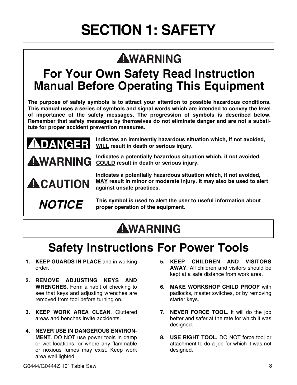 Notice safety instructions for power tools | Grizzly G0444 User Manual | Page 5 / 64