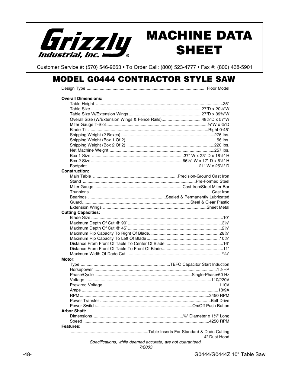 Machine data sheet, Model g0444 contractor style saw | Grizzly G0444 User Manual | Page 50 / 64