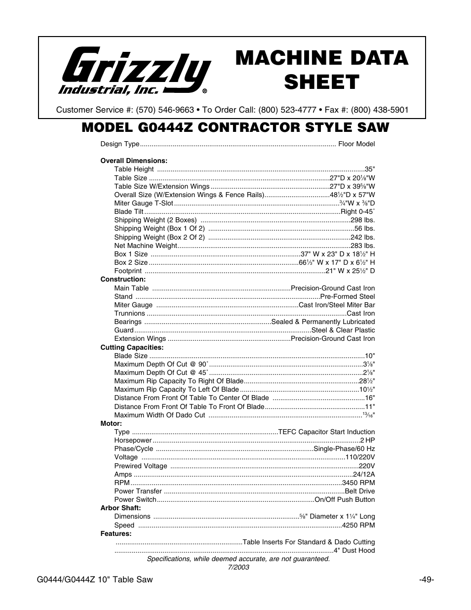 Machine data sheet, Model g0444z contractor style saw | Grizzly G0444 User Manual | Page 51 / 64