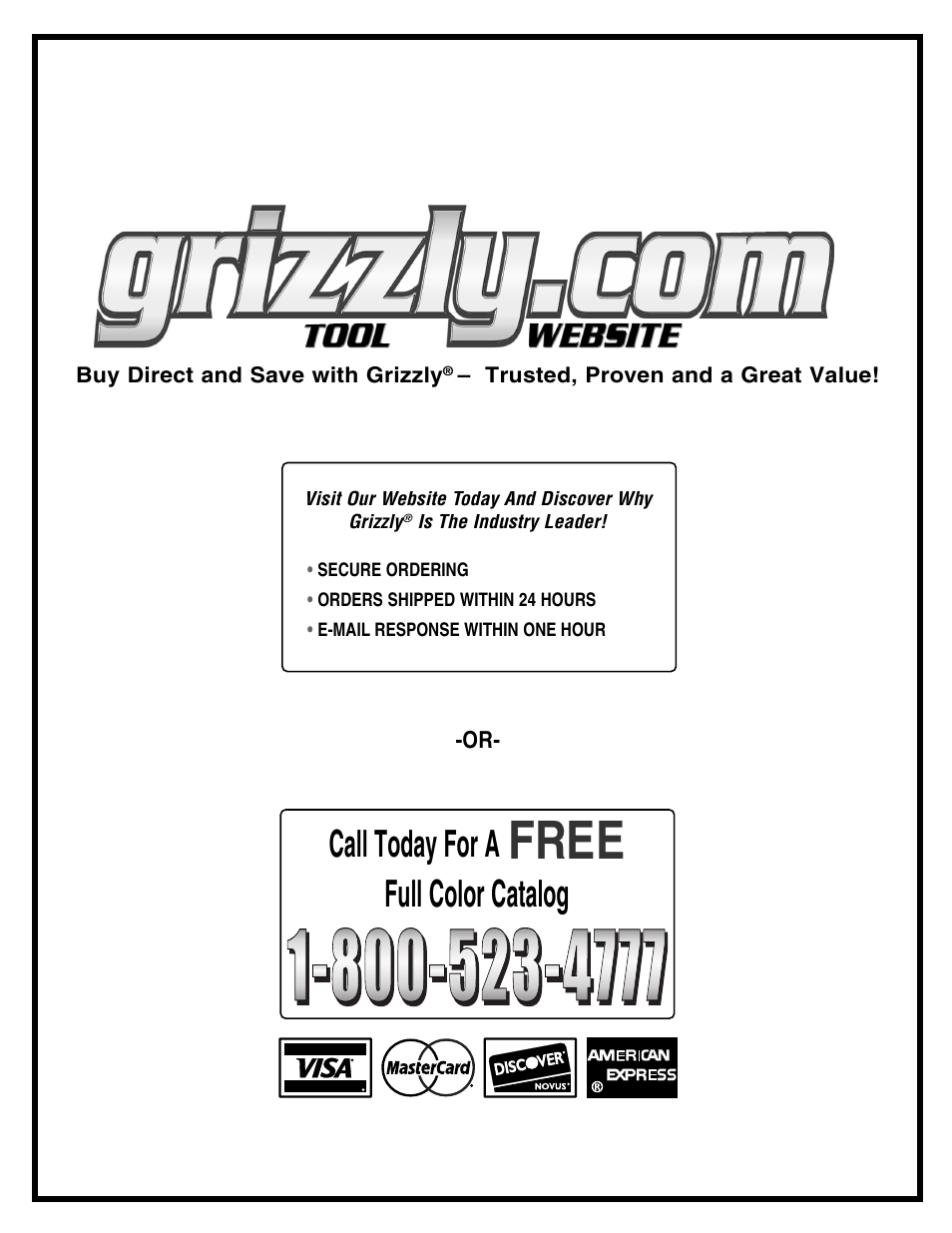 Free, Call today for a, Full color catalog | Grizzly G0444 User Manual | Page 64 / 64