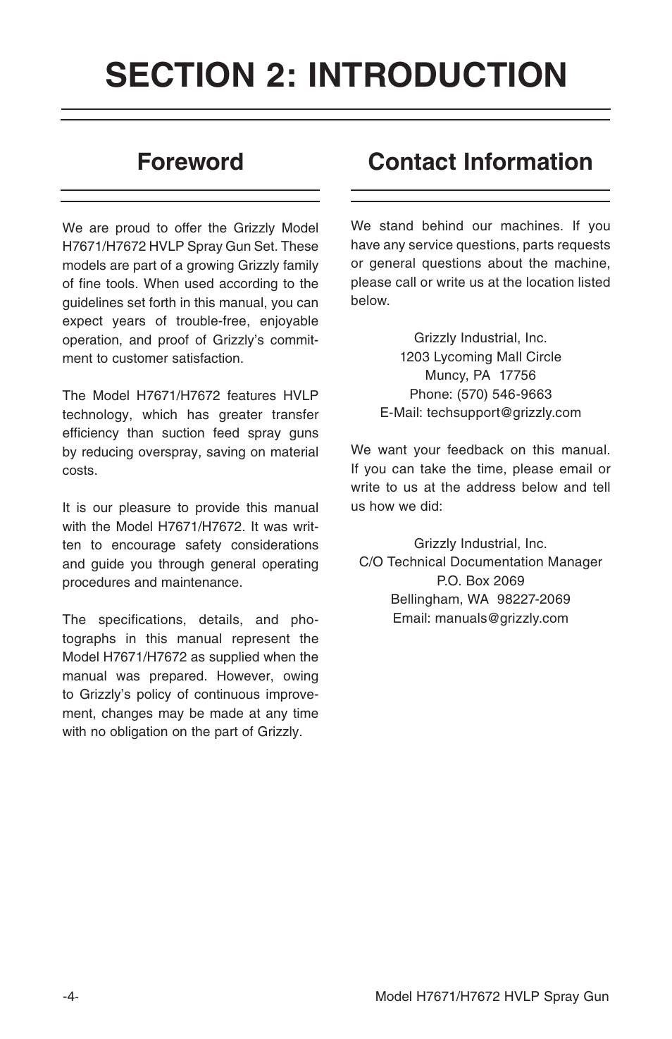 Foreword contact information | Grizzly HVLP Spray Gun Set H7671 User Manual | Page 6 / 20