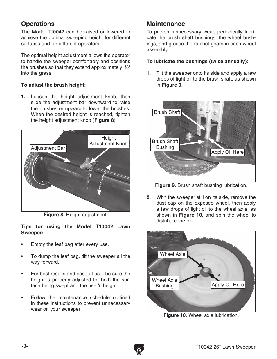 Operations, Maintenance | Grizzly 26" Lawn Sweeper T10042 User Manual | Page 3 / 6