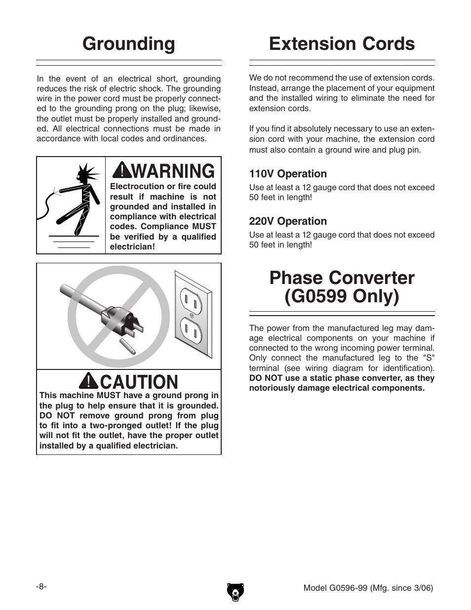 Extension cords grounding, Phase converter (g0599 only) | Grizzly G0596-99 User Manual | Page 10 / 32