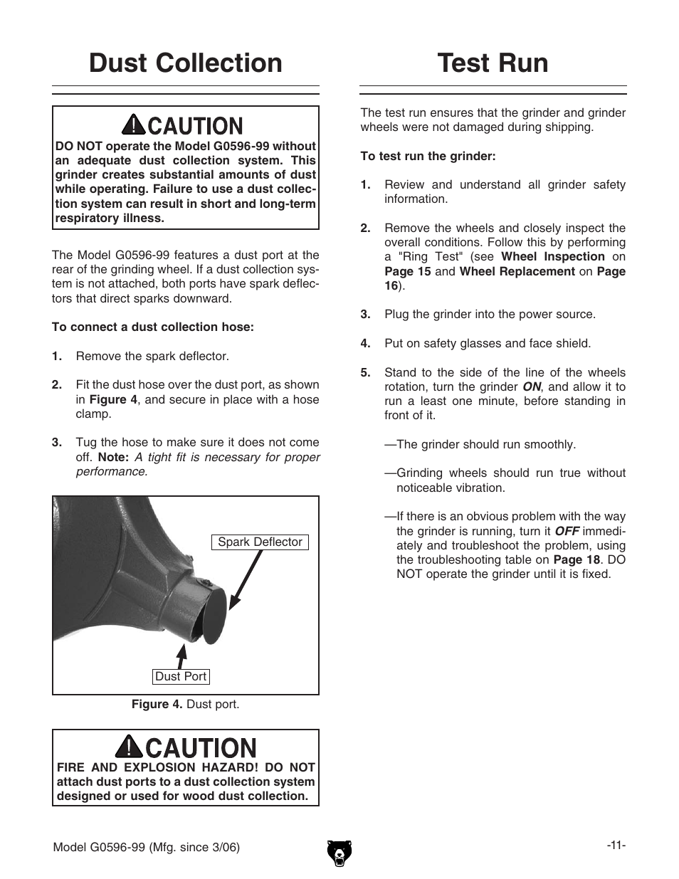 Dust collection, Test run | Grizzly G0596-99 User Manual | Page 13 / 32