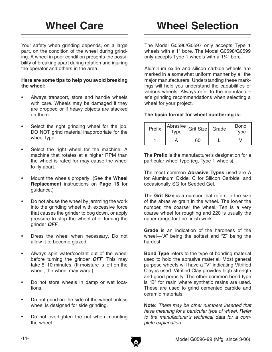 Wheel care, Wheel selection | Grizzly G0596-99 User Manual | Page 16 / 32