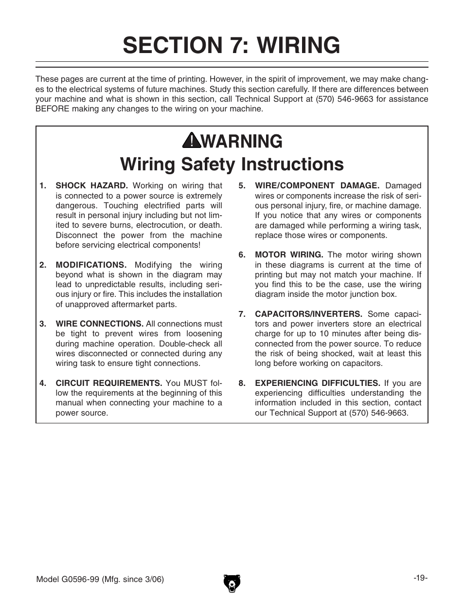 Wiring safety instructions | Grizzly G0596-99 User Manual | Page 21 / 32