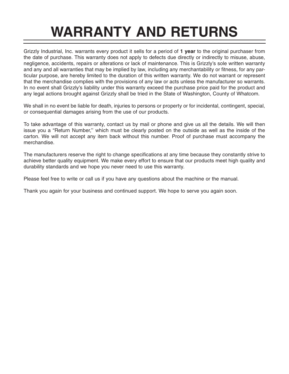 Warranty and returns | Grizzly G0596-99 User Manual | Page 31 / 32
