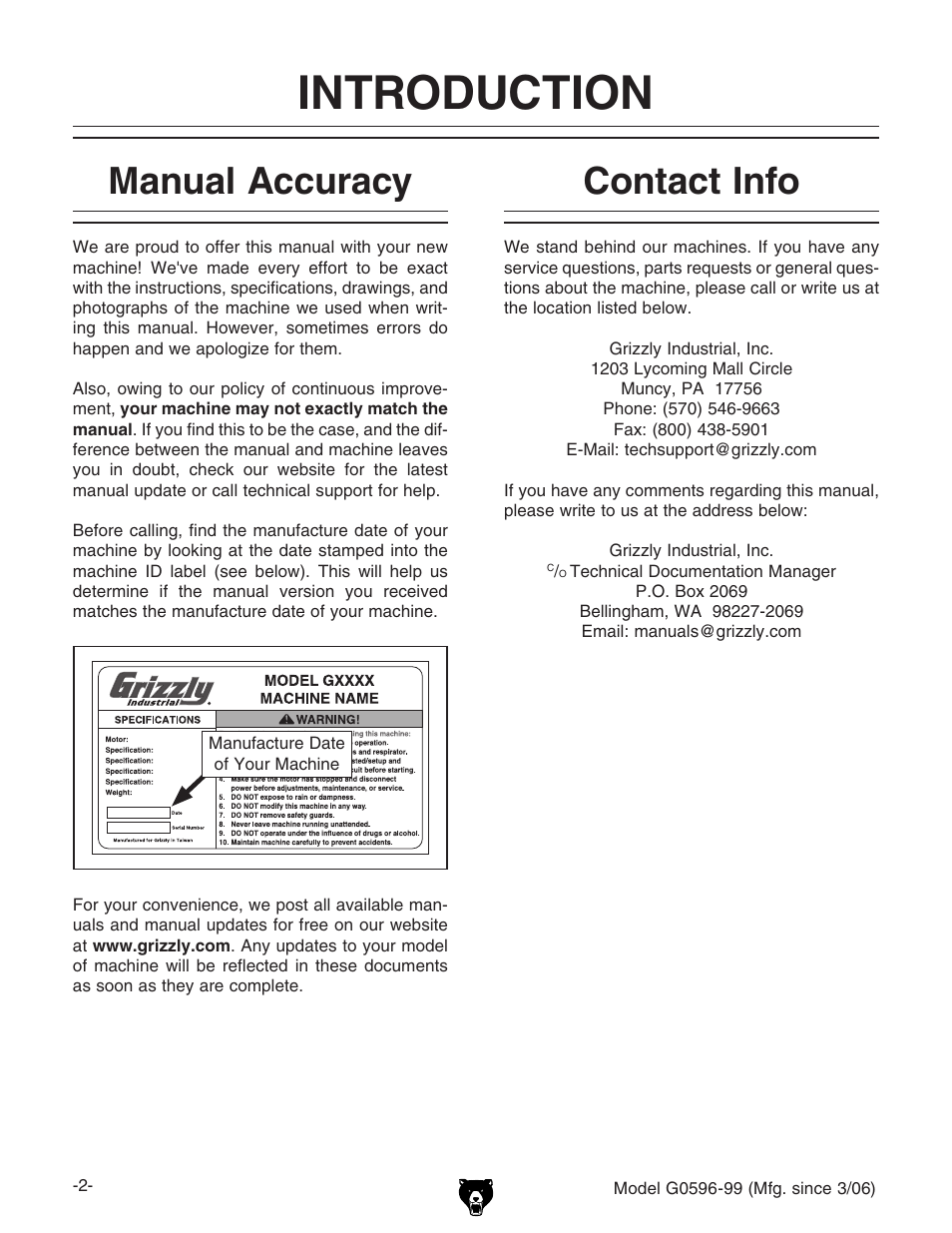 Introduction, Contact info, Manual accuracy | Grizzly G0596-99 User Manual | Page 4 / 32