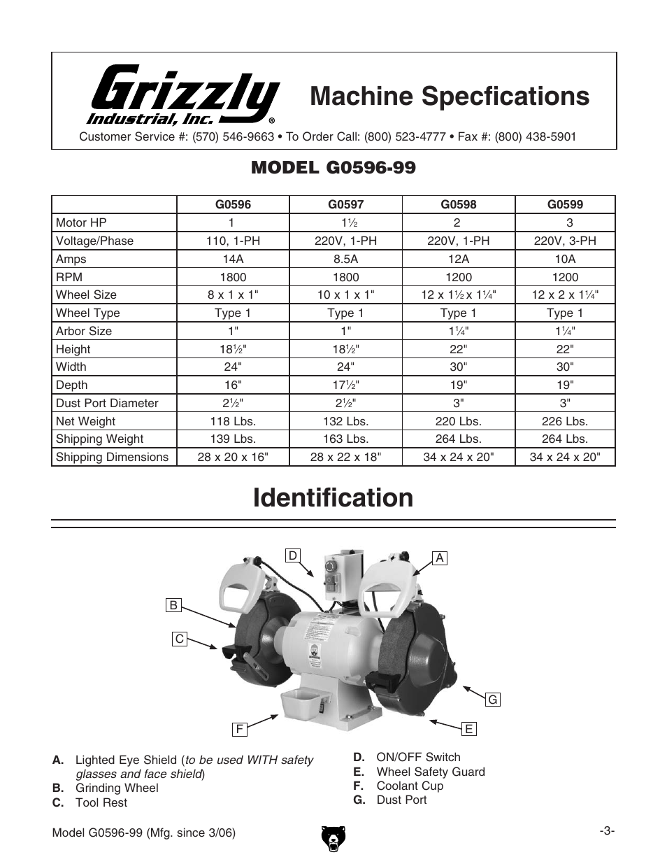 Machine specfications, Identification | Grizzly G0596-99 User Manual | Page 5 / 32