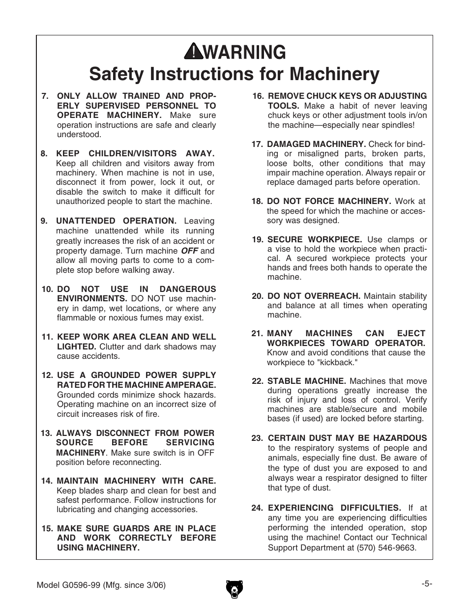 Safety instructions for machinery | Grizzly G0596-99 User Manual | Page 7 / 32