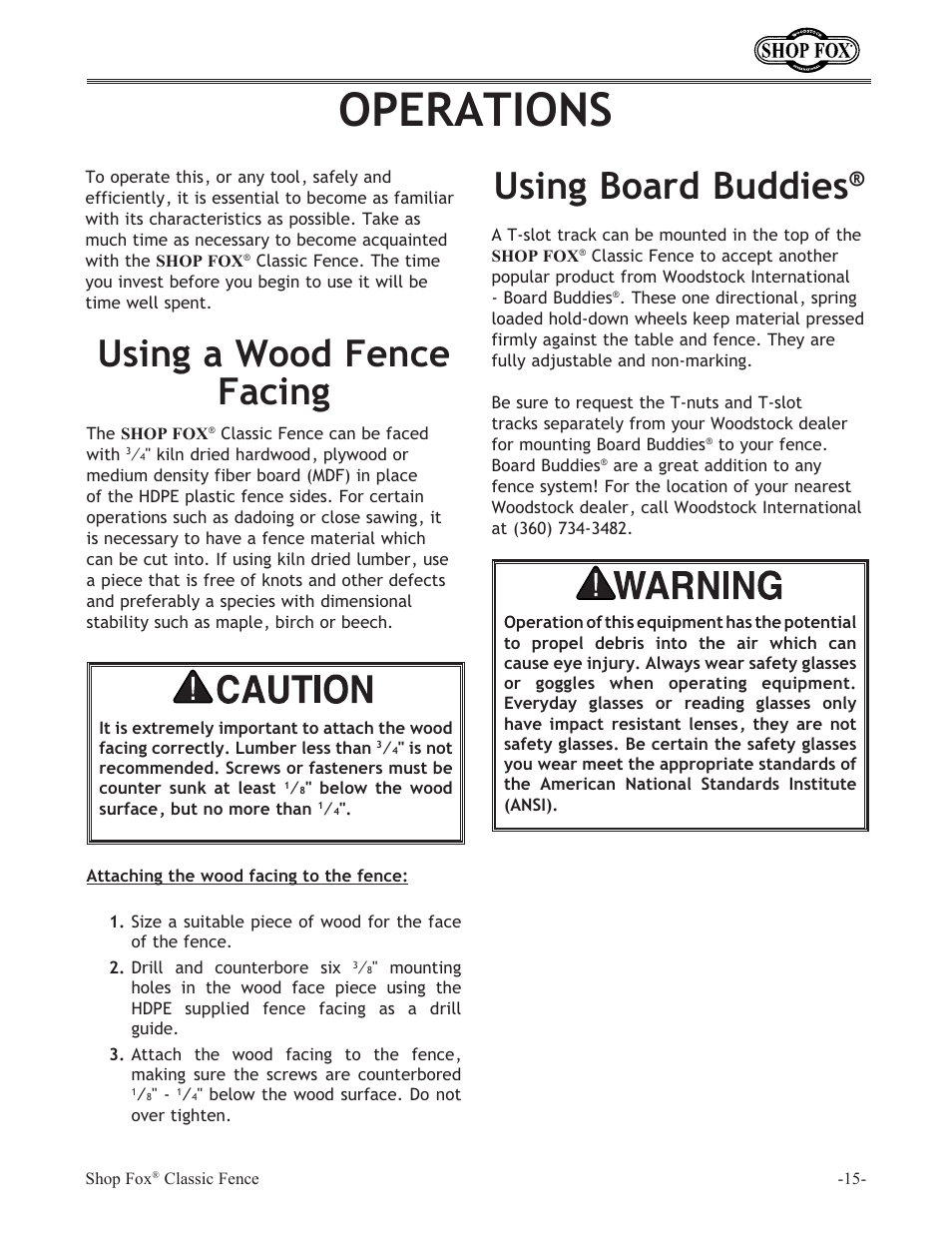 Operations, Using board buddies, Using a wood fence facing | Grizzly H6472 User Manual | Page 18 / 25