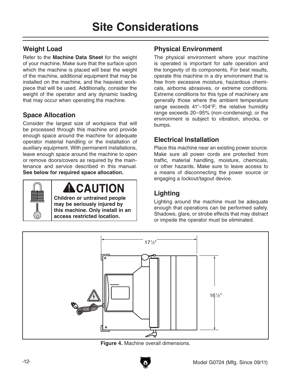 Site considerations, Weight load, Space allocation | Physical environment, Electrical installation, Lighting | Grizzly Disc G0724 User Manual | Page 14 / 36