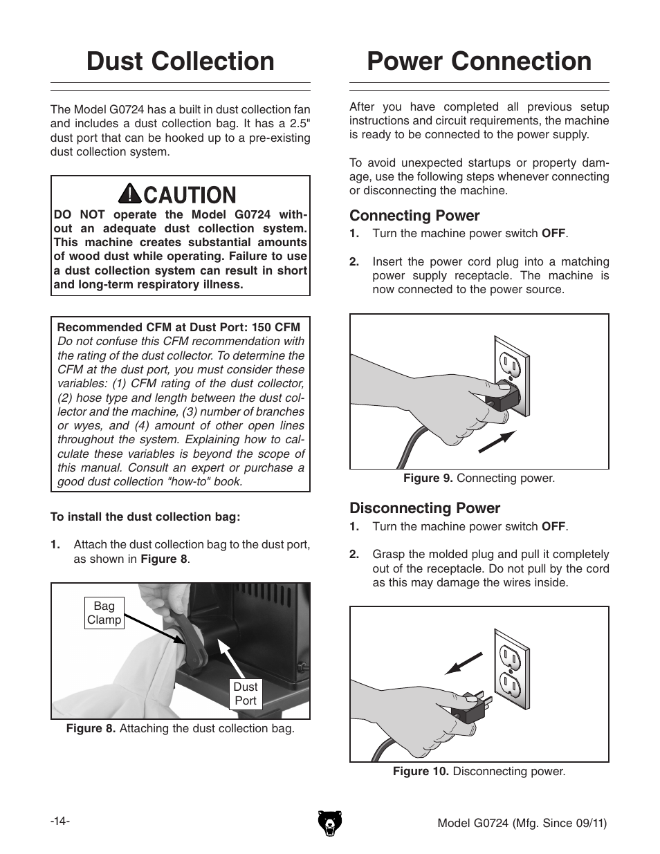 Power connection, Dust collection | Grizzly Disc G0724 User Manual | Page 16 / 36