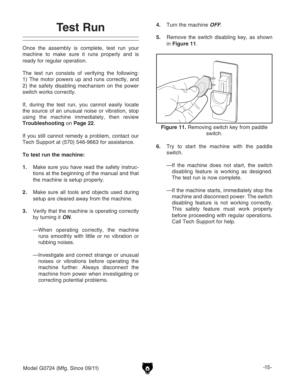 Test run | Grizzly Disc G0724 User Manual | Page 17 / 36