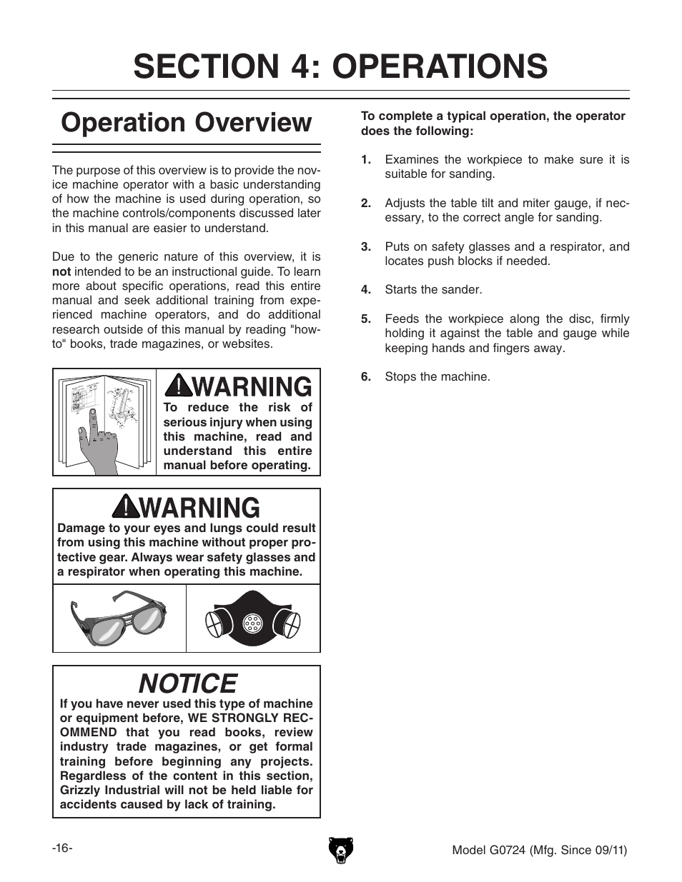 Operation overview, Notice | Grizzly Disc G0724 User Manual | Page 18 / 36