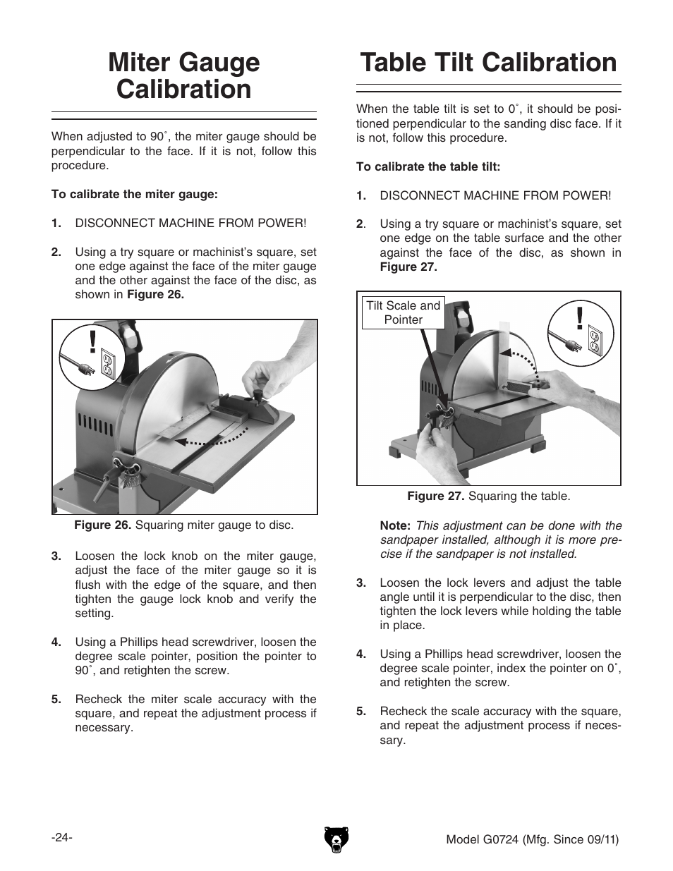 Miter gauge calibration, Table tilt calibration | Grizzly Disc G0724 User Manual | Page 26 / 36