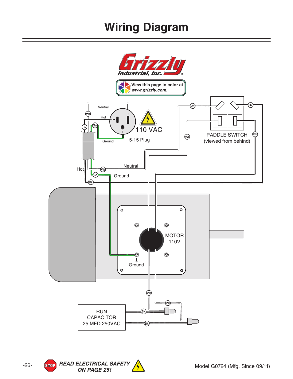 Wiring diagram, 110 vac | Grizzly Disc G0724 User Manual | Page 28 / 36