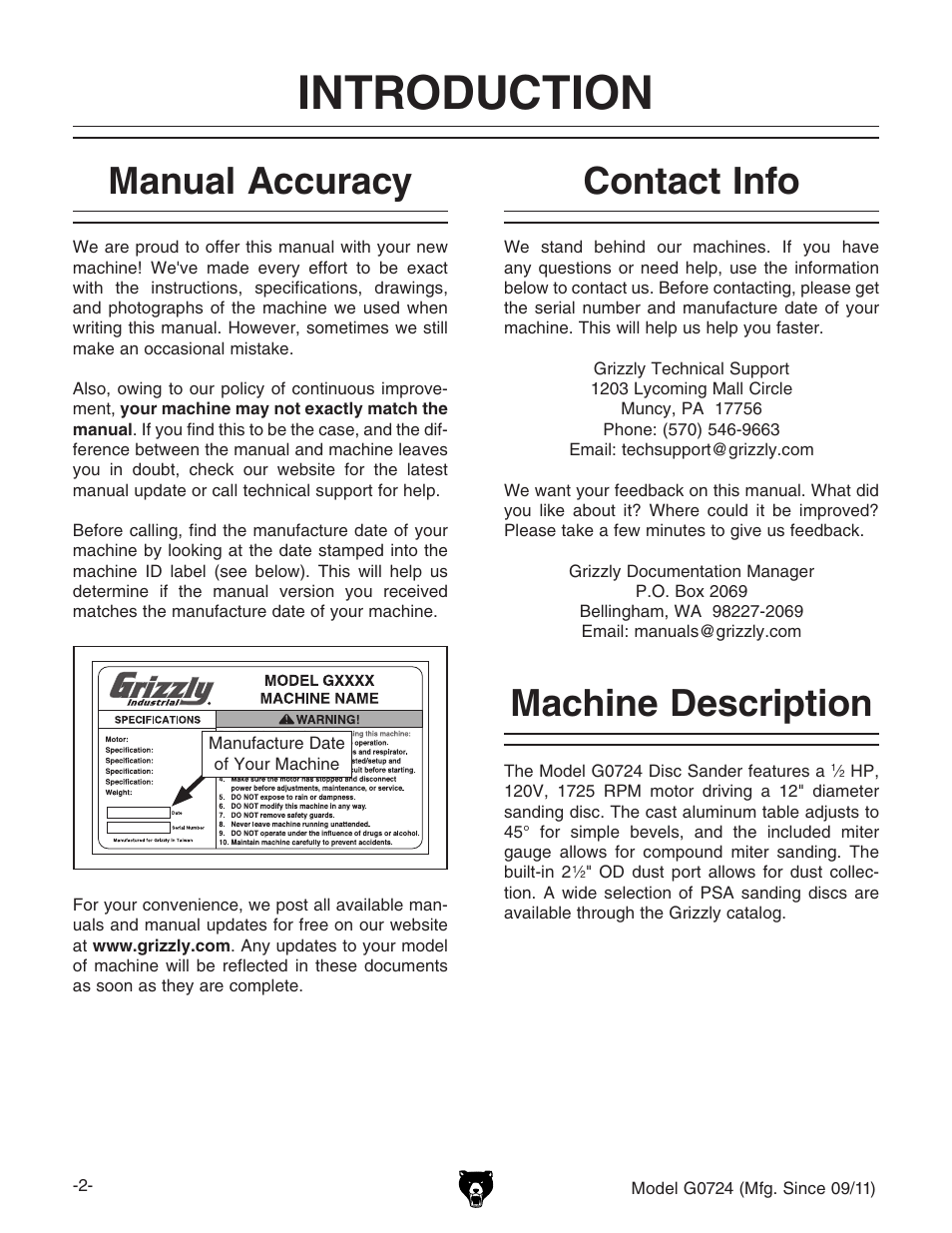 Introduction, Machine description, Manual accuracy | Contact info | Grizzly Disc G0724 User Manual | Page 4 / 36
