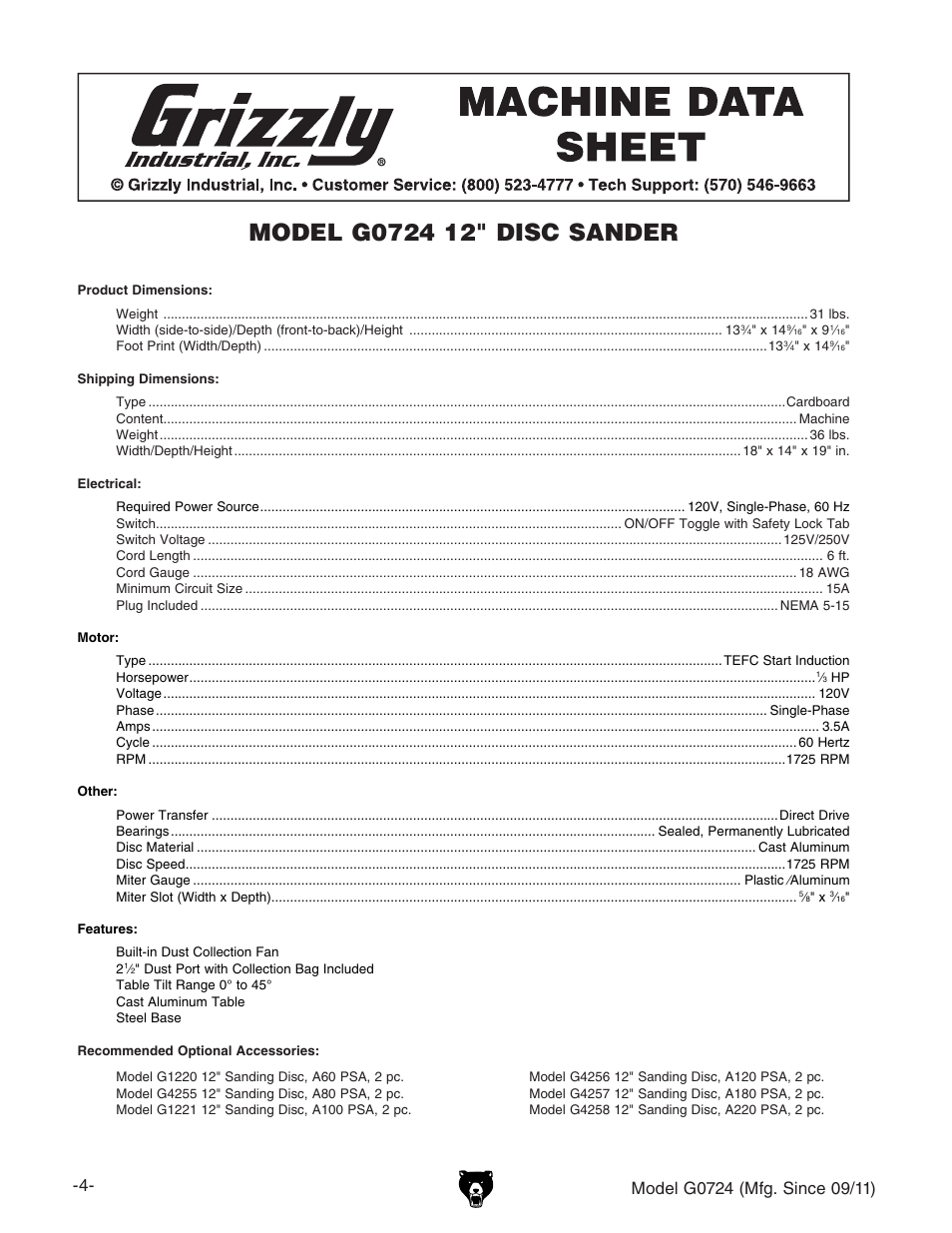 Machine data sheet | Grizzly Disc G0724 User Manual | Page 6 / 36