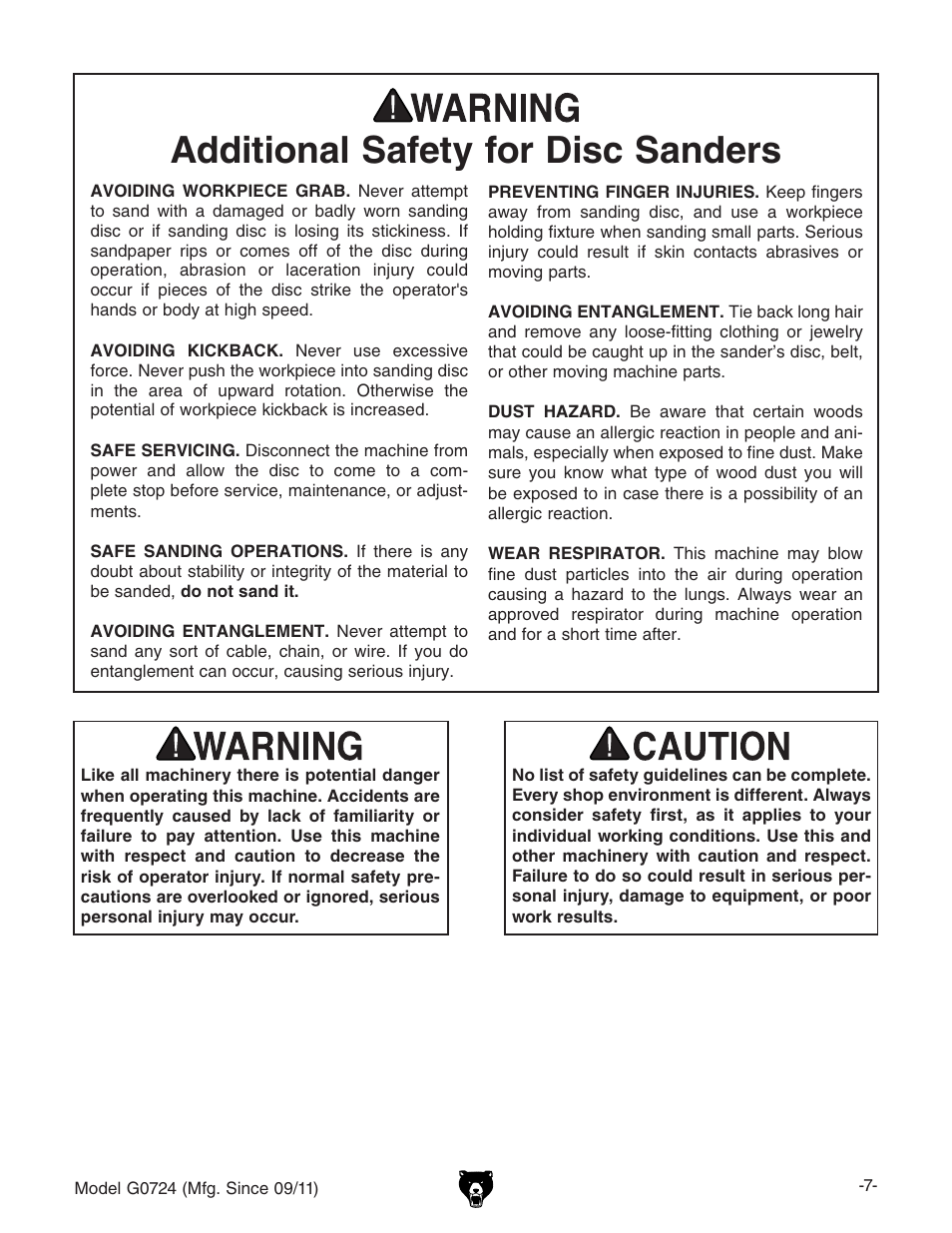 Additional safety for disc sanders | Grizzly Disc G0724 User Manual | Page 9 / 36