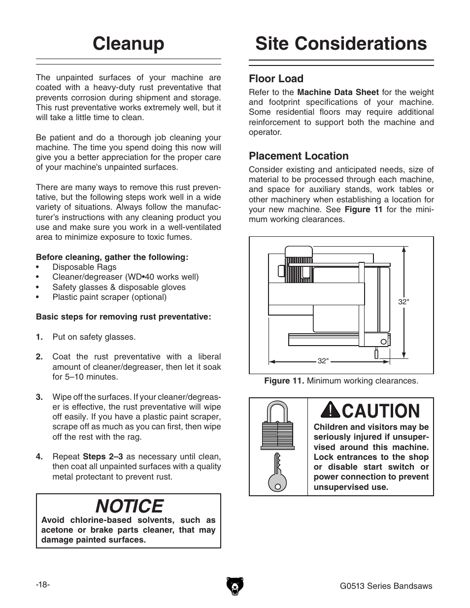 Cleanup, Site considerations, Notice | Grizzly G0514 User Manual | Page 20 / 108