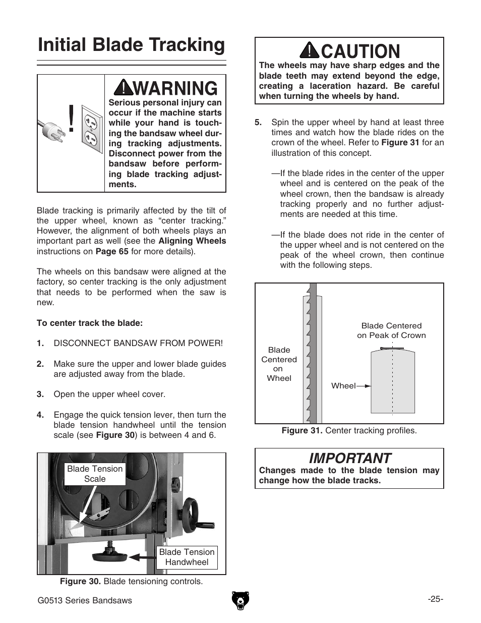 Initial blade tracking, Important | Grizzly G0514 User Manual | Page 27 / 108