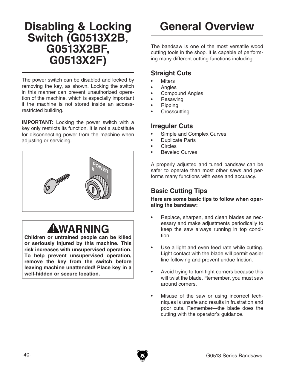 General overview | Grizzly G0514 User Manual | Page 42 / 108