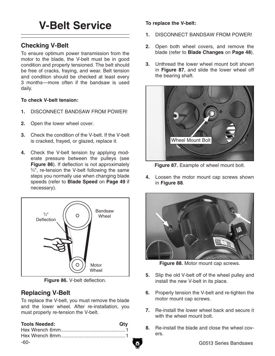 V-belt service, Checking v-belt, Replacing v-belt | Grizzly G0514 User Manual | Page 62 / 108