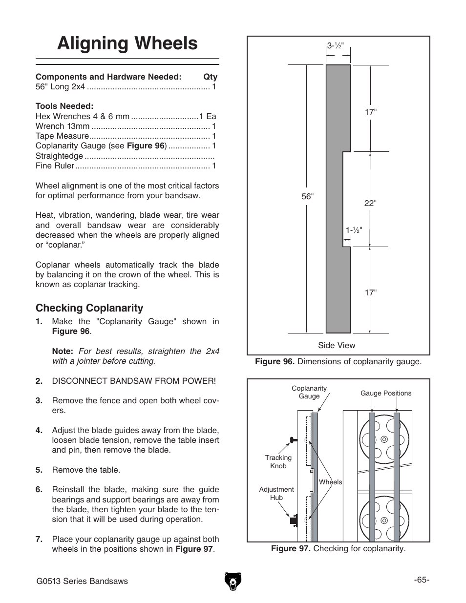 Aligning wheels, Checking coplanarity | Grizzly G0514 User Manual | Page 67 / 108