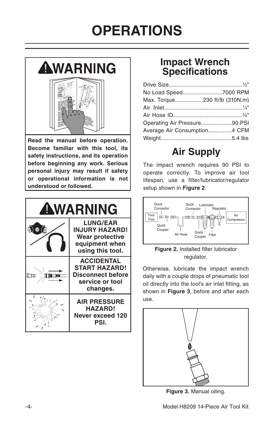 Operations, Impact wrench specifications air supply | Grizzly H8209 User Manual | Page 5 / 8