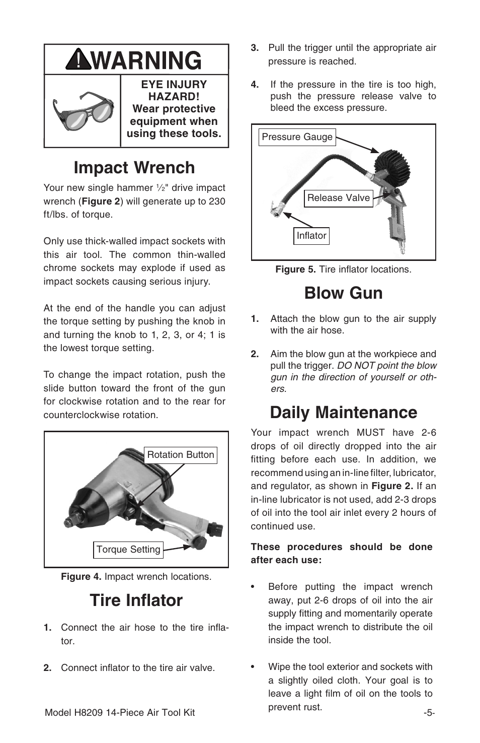 Daily maintenance, Tire inflator, Impact wrench | Blow gun | Grizzly H8209 User Manual | Page 6 / 8